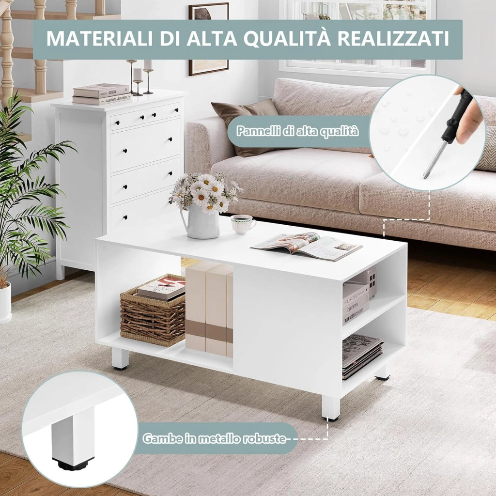 Tavolino con Vano Portaoggetti, Tavolino da Divano con 3 Scomparti, Tavolino da Divano con Gambe in Metallo, per Divano da Salotto, 50 kg Caricabile, 90x50x45 cm, Bianco, BTS23ws