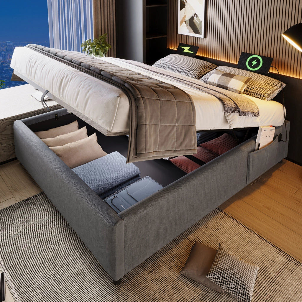 DESMIU Letto contenitore 140 × 200 cm 2 posti con USB, Type-C e vano idraulico, senza materasso, in lino grigio