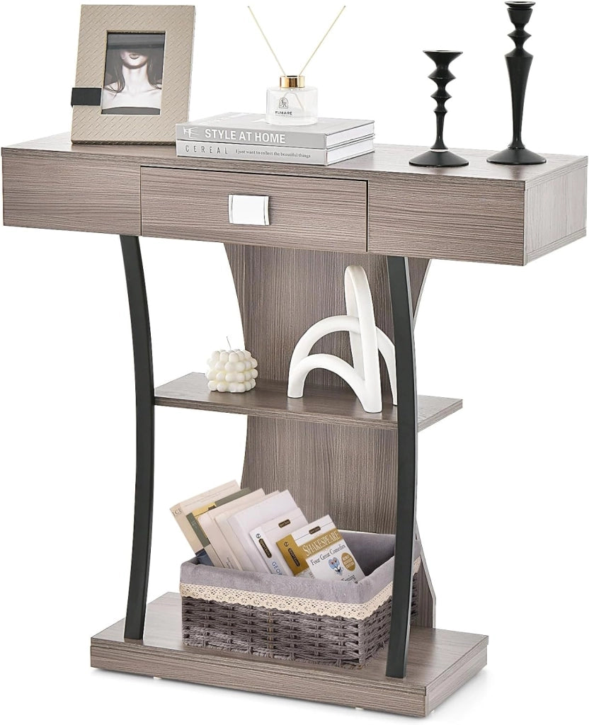 Tavolo consolle in legno vintage con cassetti e 2 ripiani, tavolo da pavimento industriale con telaio in metallo, tavolino sottile con protezione antiribaltamento, 91 x 30 x 88 cm (nero)