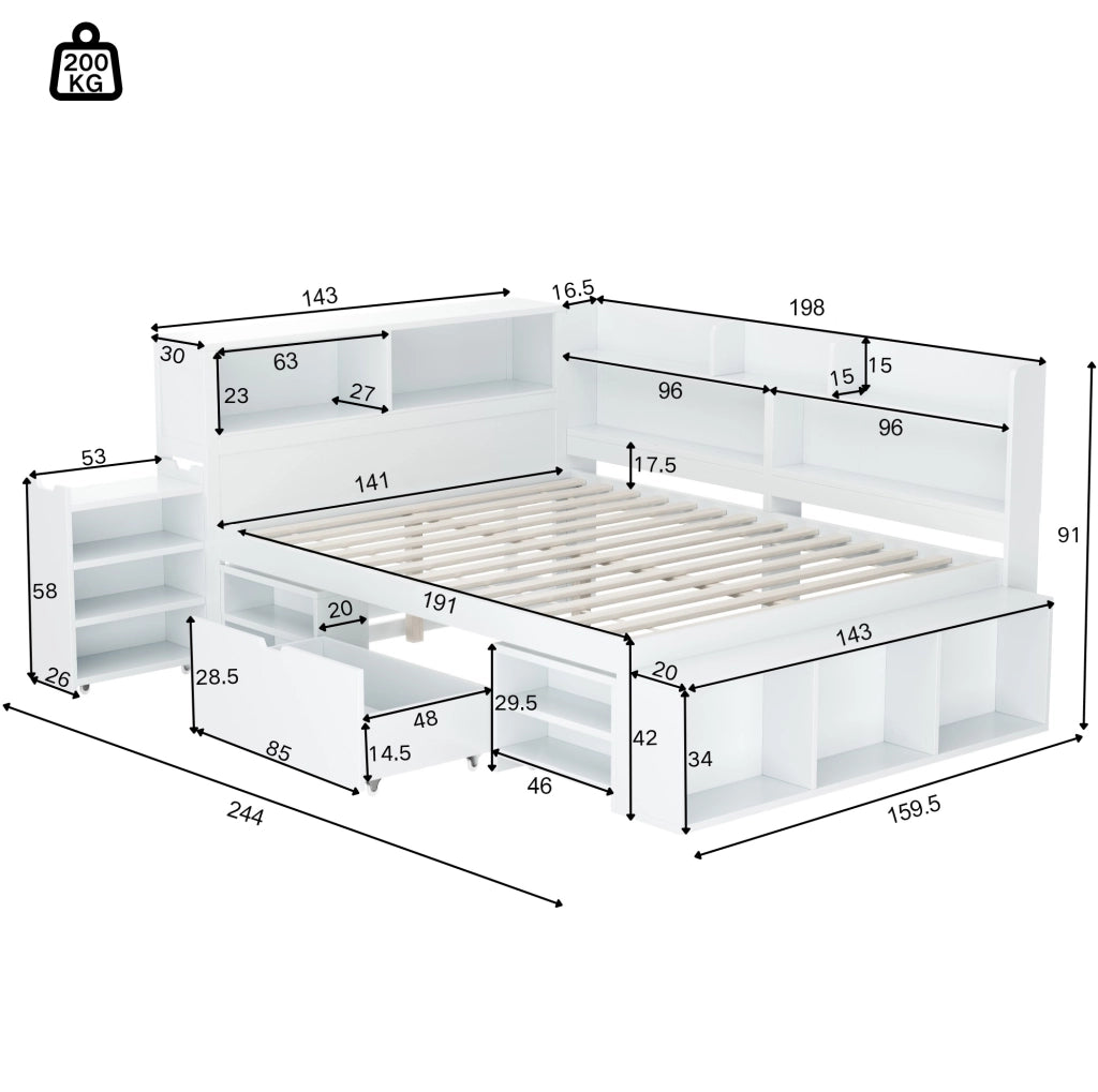 Letto singolo per bambini 140x190 cm con cassetti e vani portaoggetti; in compensato bianco