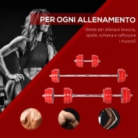 Set 2 in 1 Bilanciere e Manubri Pesi da 30kg, Dischi con Rivestimento in Plastica Antigraffio, Rosso e Nero
