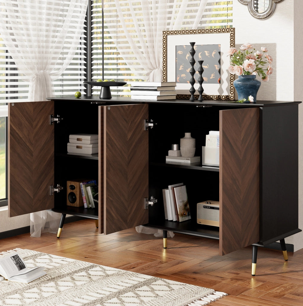 Credenza 140x40x80 cm nera e marrone in MDF, 4 ante con ripiani regolabili