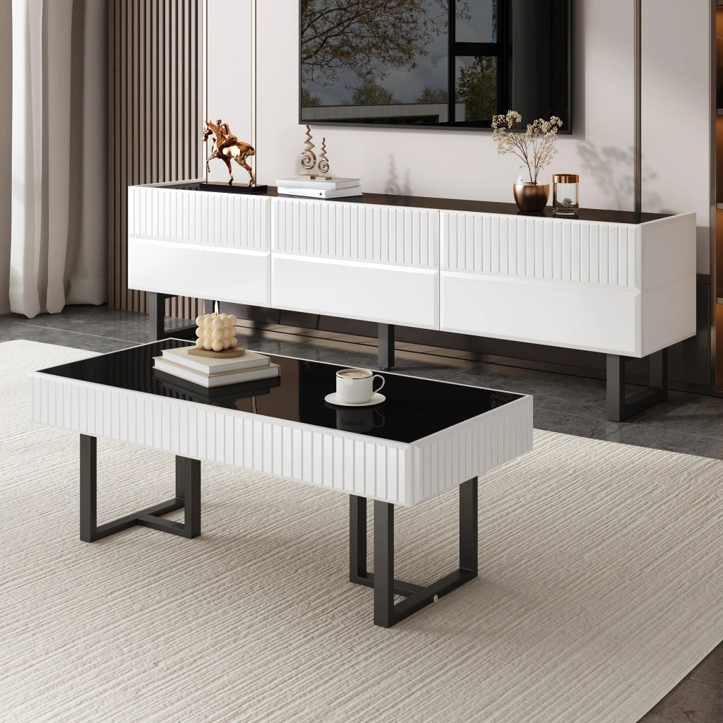 Set di Mobili da Soggiorno con 1 Mobile TV e 1 Tavolino da Caff??; Contenimento Integrato; per Soggiorno Moderno; MDF e Pannello Truciolare; Nero e Bianco