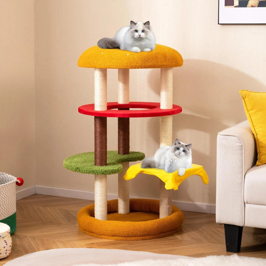 Albero per Gatti 106 cm, Tiragraffi per Gatti a Tema Hamburger con Trespolo Imbottito, Letto Spazioso, Tiragraffi di Sisal e Cuscini Morbidi, Casetta per Gattini, 60 x 60 x 106 cm