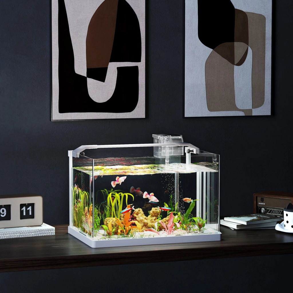 Acquario in Vetro con Luci LED da 20L, Filtro e Pompa d'Acqua, 38x26x27 cm, Bianco