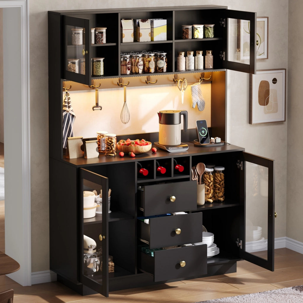 Credenza alta da cucina con LED RGB e prese; 120x40x170 cm; nera in MDF