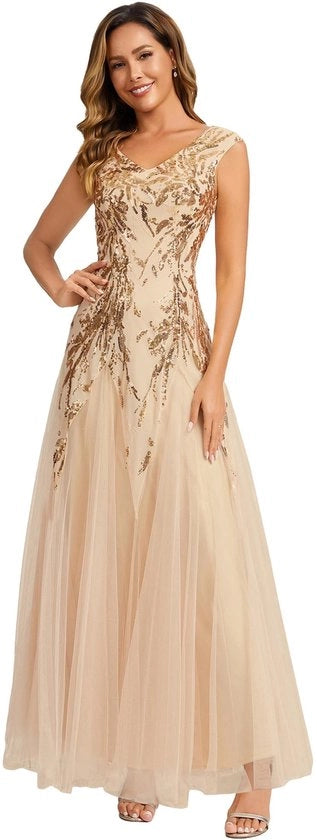 Abito maxi a V collo senza maniche con lunghe paillette e code