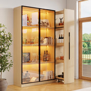 Libreria vetrina con LED e ripiano laterale estraibile, per soggiorno e ufficio, in MDF, rovere, 110,5 × 35 × 160 cm