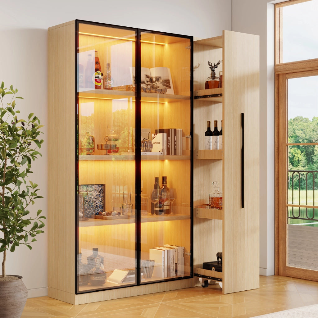 Libreria vetrina con LED e ripiano laterale estraibile, per soggiorno e ufficio, in MDF, rovere, 110,5 × 35 × 160 cm