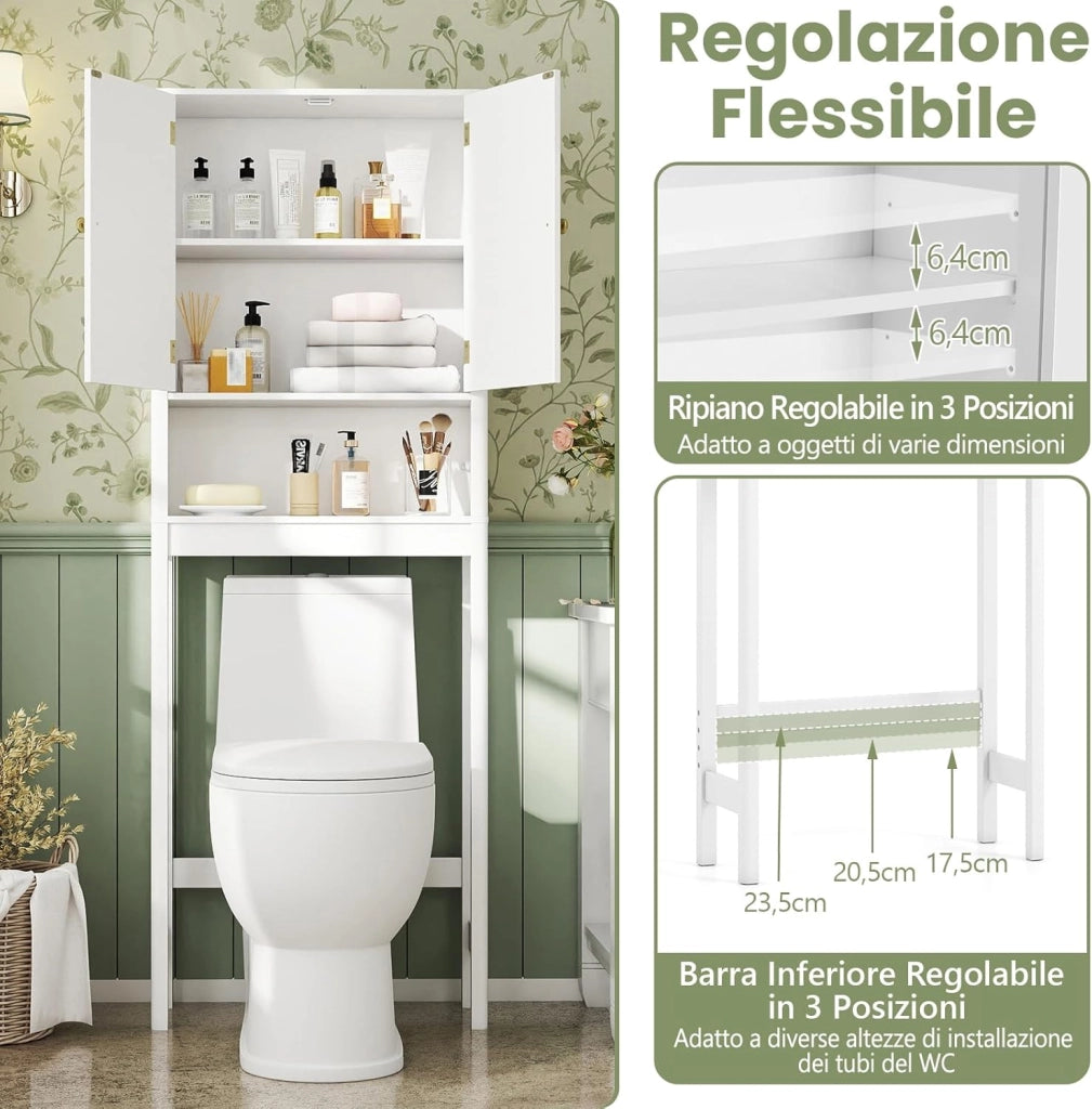 Mobile Bagno Sopra WC, Scaffale per Lavatrice Salvaspazio con 2 Ante, Mensola Aperta e Ripiano Regolabile, Armadietto Sopra Gabinetto in Legno, 60 x 23 x 168 cm (Bianco)