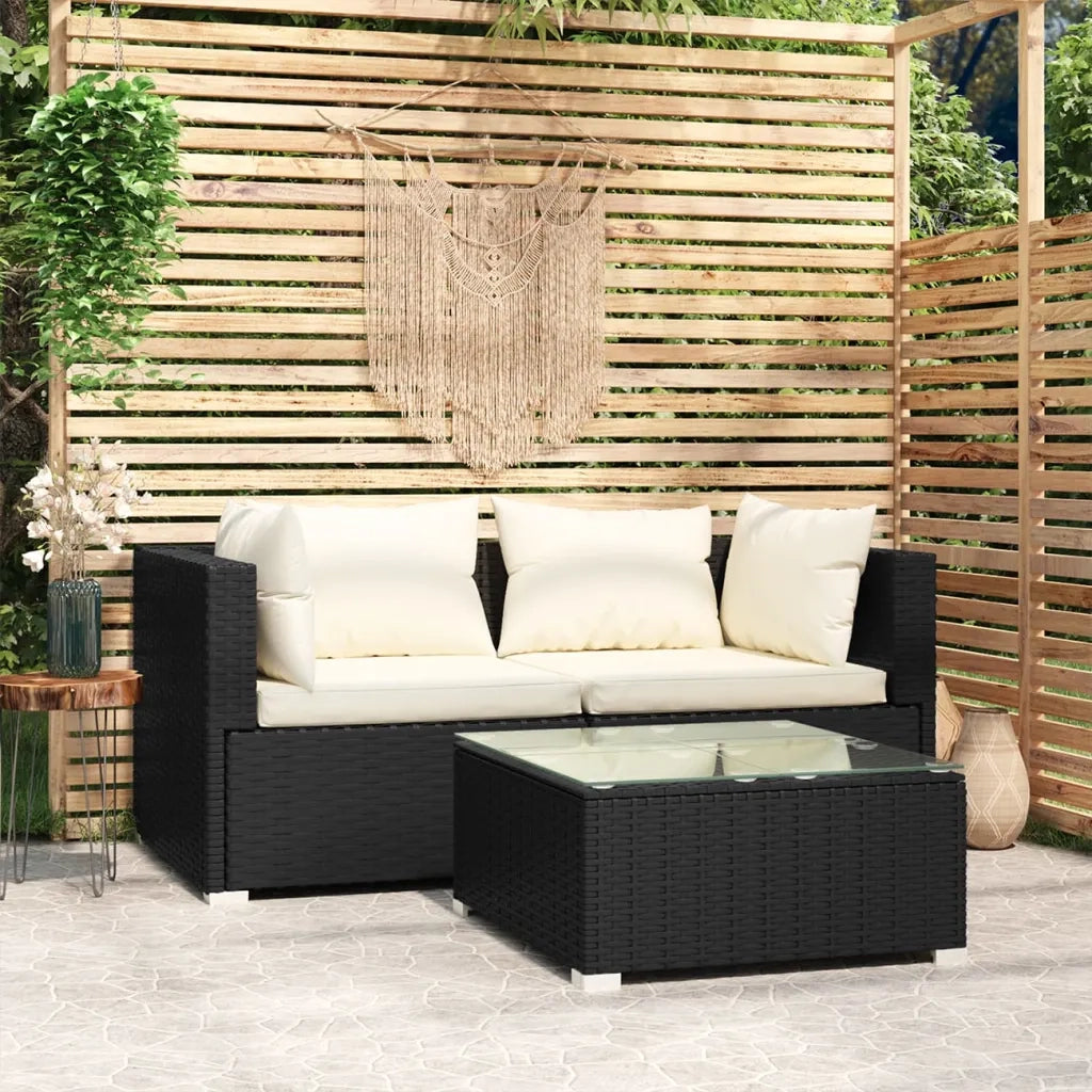Set Divani da Giardino 3 pz | Set Salotto da Giardino con Cuscini Nero in Polyrattan