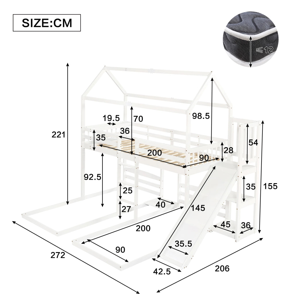 Etagenbett con scivolo in pino e MDF 90x200 cm