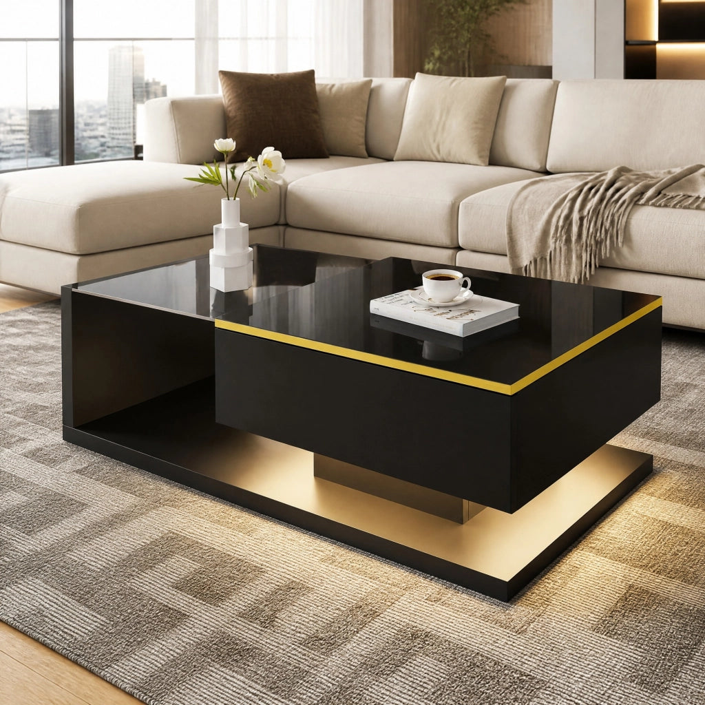 Tavolino da caffè nero lucido 100x50 cm con vetro e LED