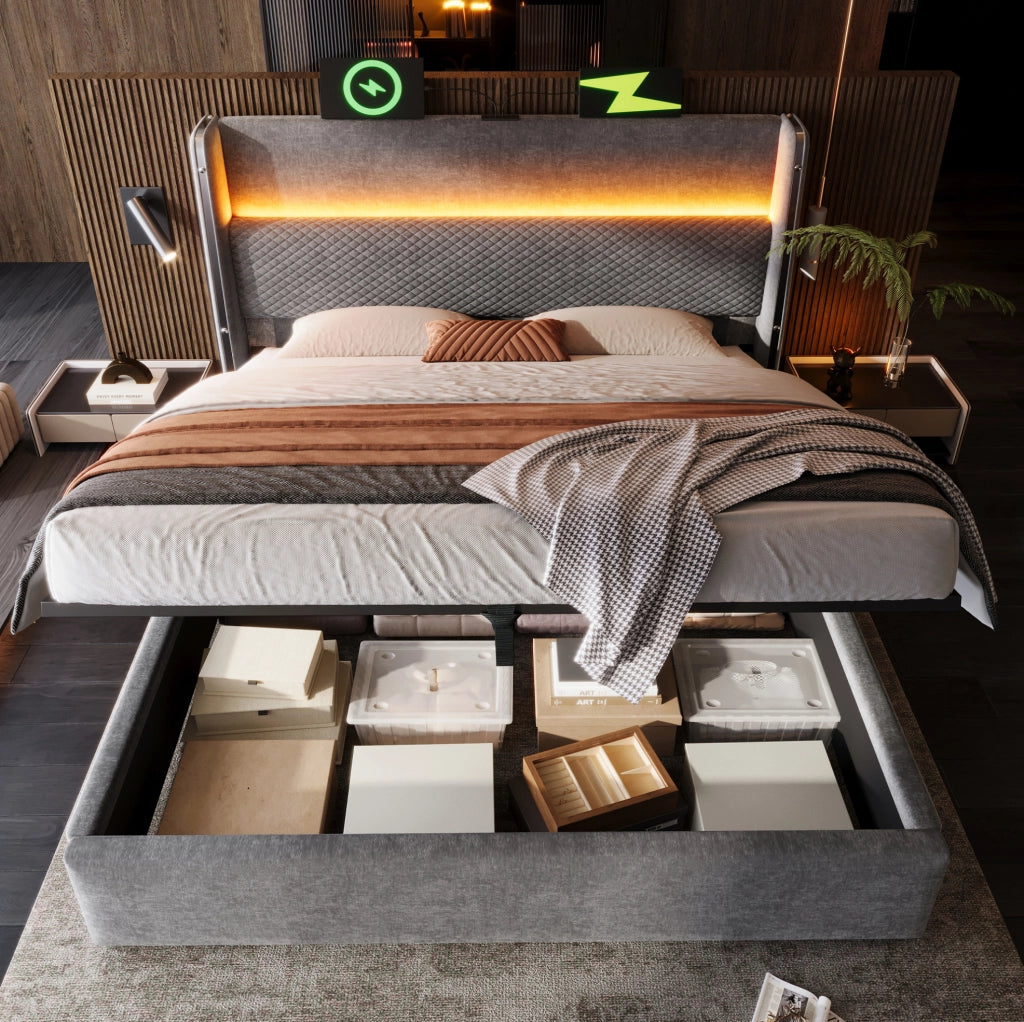 Letto contenitore 180x200 cm con testiera alta; LED e prese USB/Type-C in lino grigio