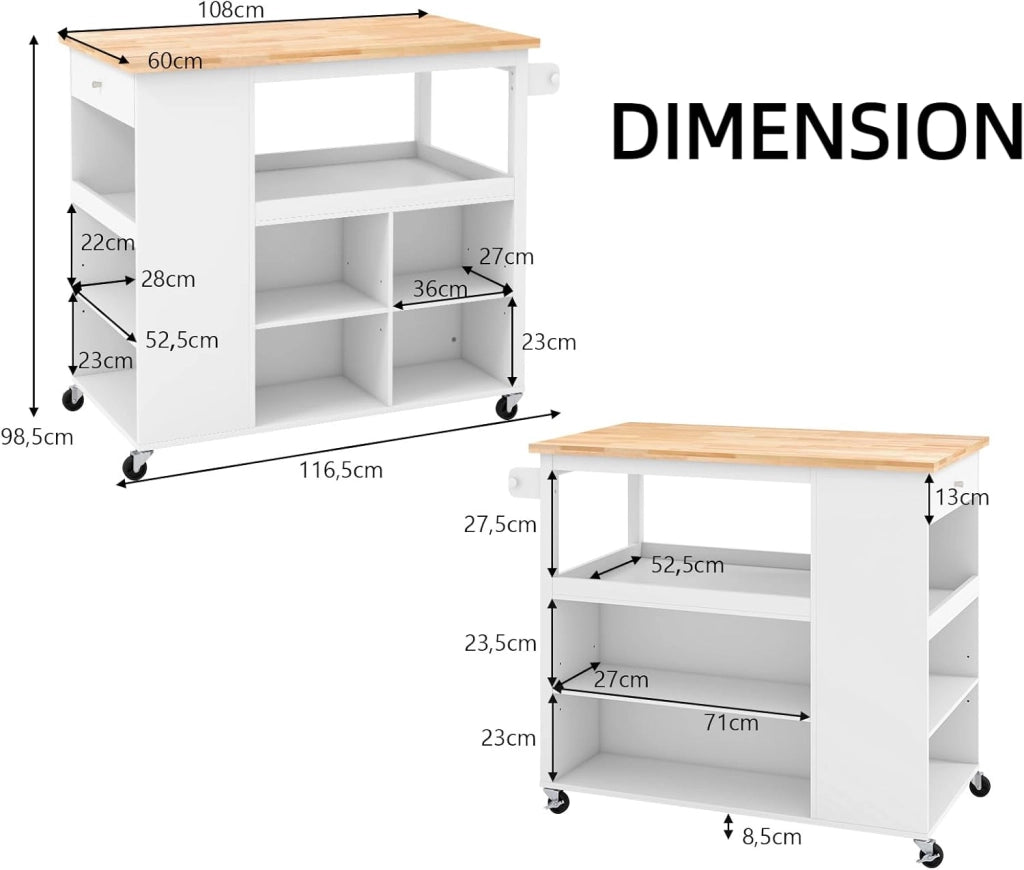 Carrello da cucina con Ruote, Isola da Cucina in Legno con 8 Scomparti, Piano, Cassetto, Portaspezie, Portasciugamani, Carrello di Servizio Multifunzione, 116,5 x 60 x 98,5 cm (Bianco)