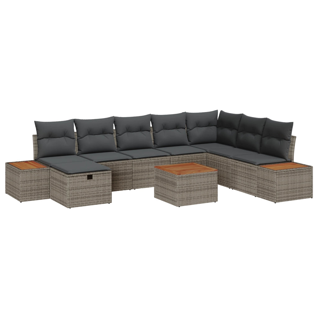 Set Divano da Giardino 9 Pezzi con Cuscini Grigio Rattan Sintetico