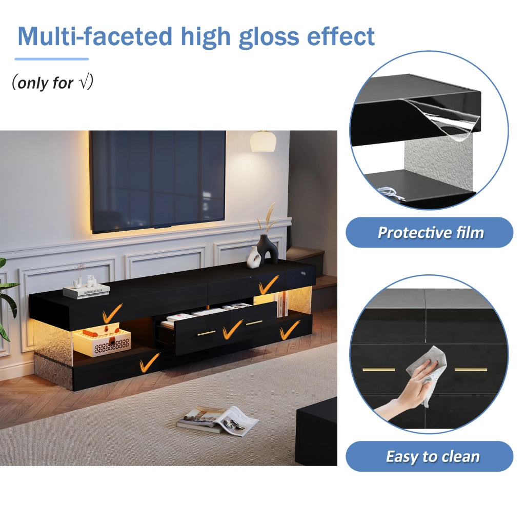 Mobile porta TV con LED e ripiani aperti, 2 cassetti, effetto moderno per soggiorno, nero 152 × 35 × 40 cm