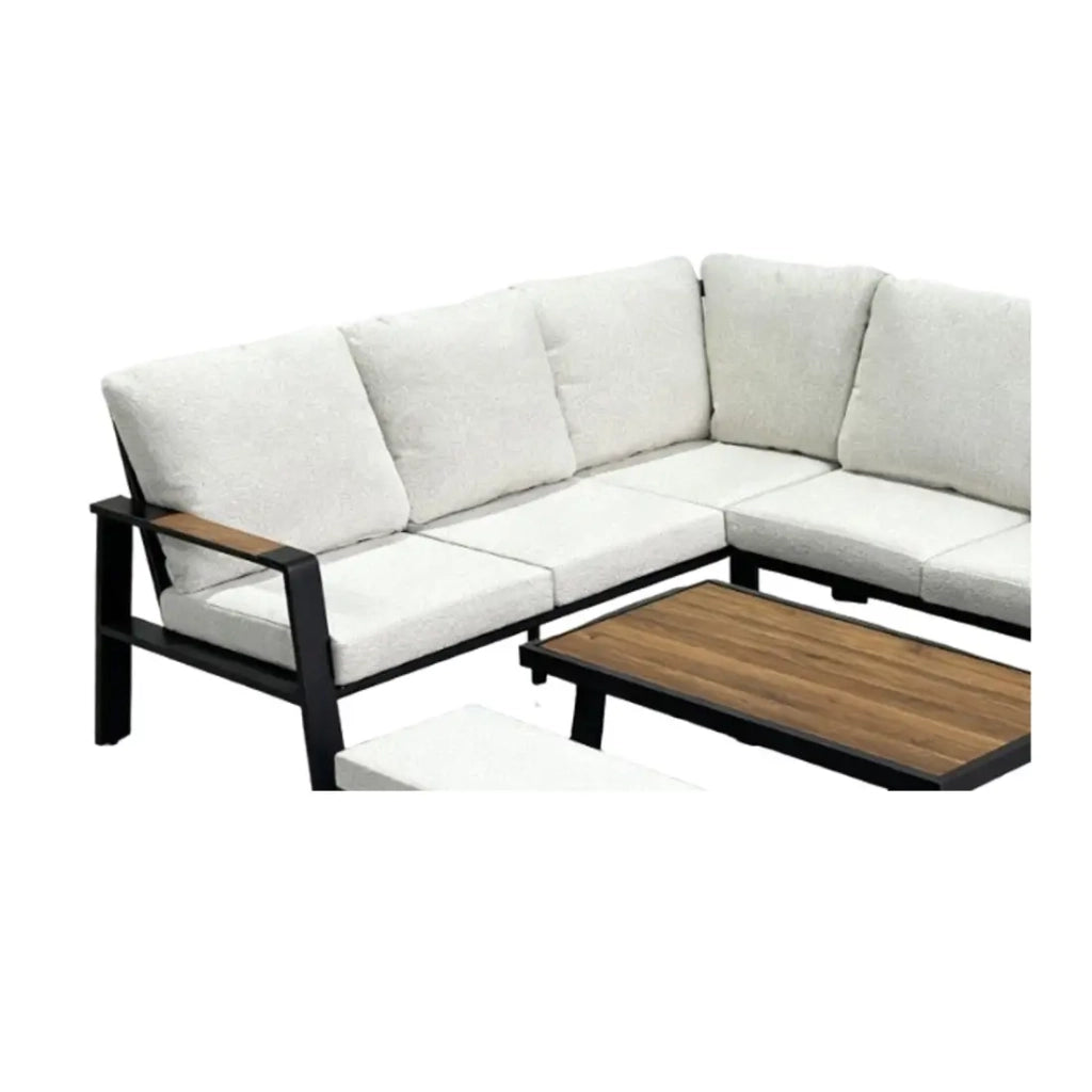 Salon da giardino angolare CALVARO 4 posti in alluminio nero con cuscini beige, panca e tavolino effetto legno