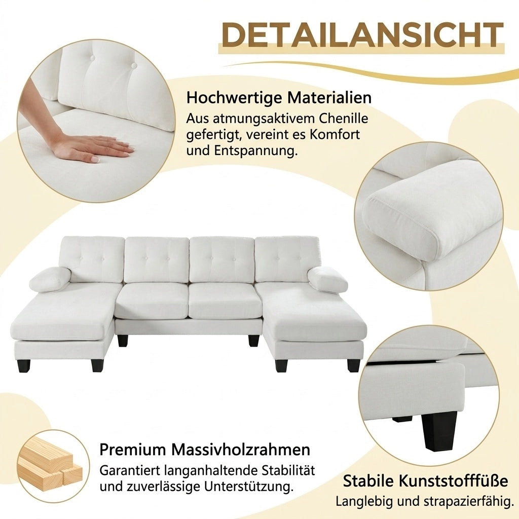 Divano a U con chaise longue bilaterale, tasche laterali e braccioli removibili in chenille beige 268 × 128 × 84 cm