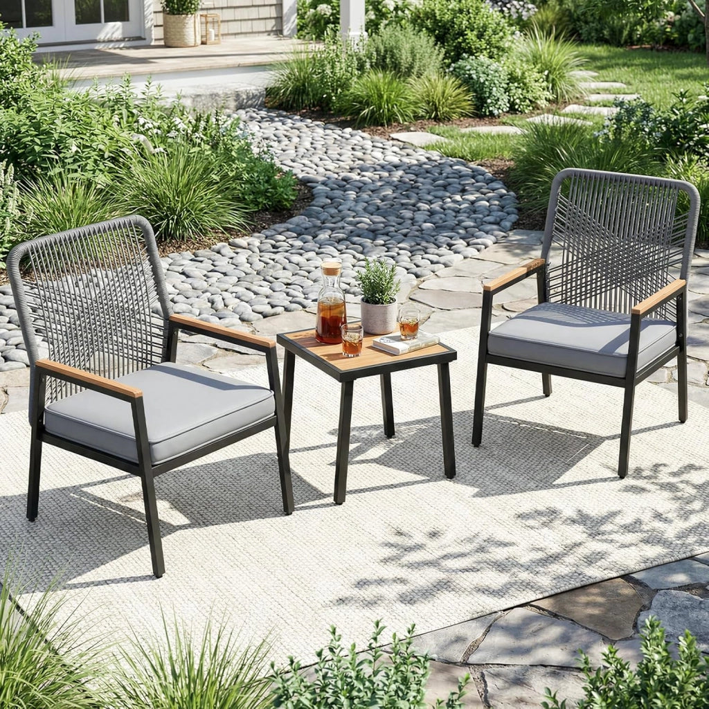 Sedie da giardino in rattan, Set da 2, Sedie da patio resistenti alle intemperie, Sedie da balcone in metallo, Portata massima 160 kg, Braccioli in WPC, Per patio, giardino e veranda, Grigio