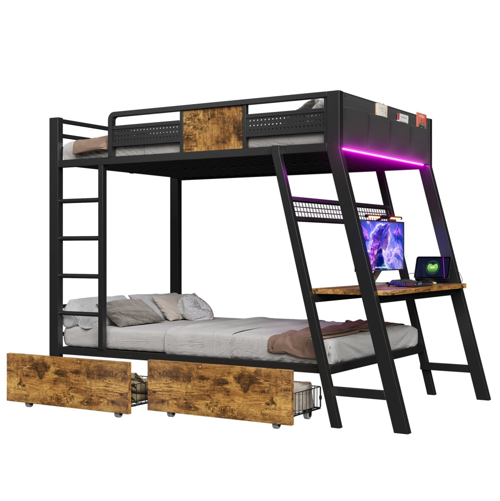 Letto a castello in metallo 90x200 cm con scrivania integrata; LED e contenimento; nero