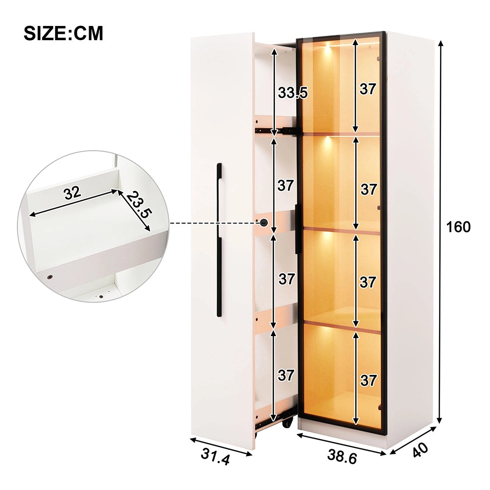 Armadio multifunzionale 160 cm - Xylo - Porte in vetro temperato, illuminazione LED, ruote
