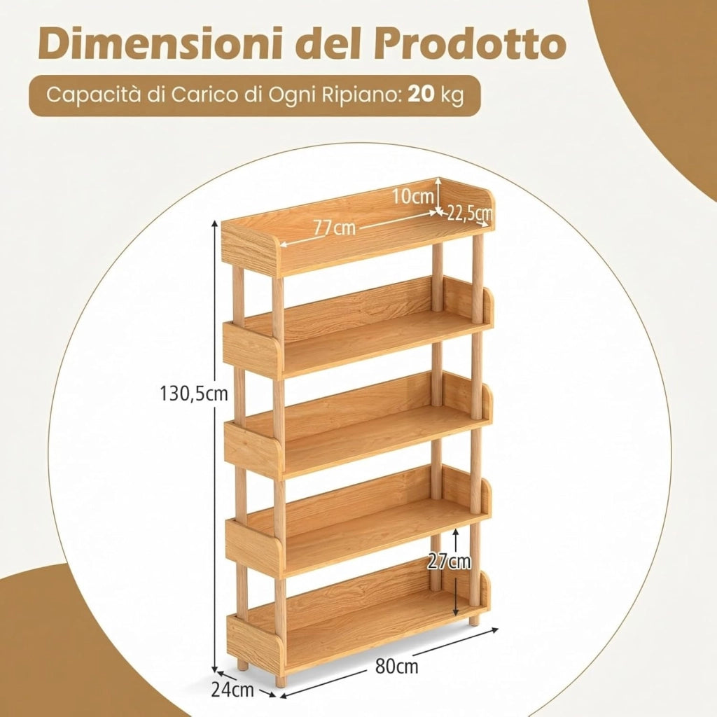 Libreria Verticale a 5 Livelli, Scaffale per Libri Aperto con Gambe in Legno di Pino,Protezione dei Bordi e Kit Antiribaltamento, Libreria Scaffale da Terra per Soggiorno e Camera da Letto