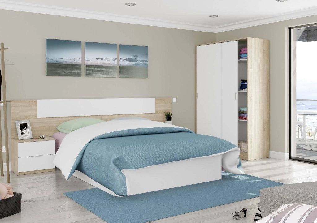 Guardaroba Adrenalin, Armadio per camera da letto a 2 ante scorrvoli, Mobile con 3 ripiani e barra appendiabiti, cm 120x50h200, Rovere e Bianco