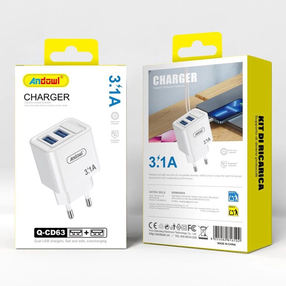 Trade Shop - Caricatore Caricabatterie Da Parete Dual Usb 3.1a Ricarica Rapida Cellulari Tablet Q-cd63 -