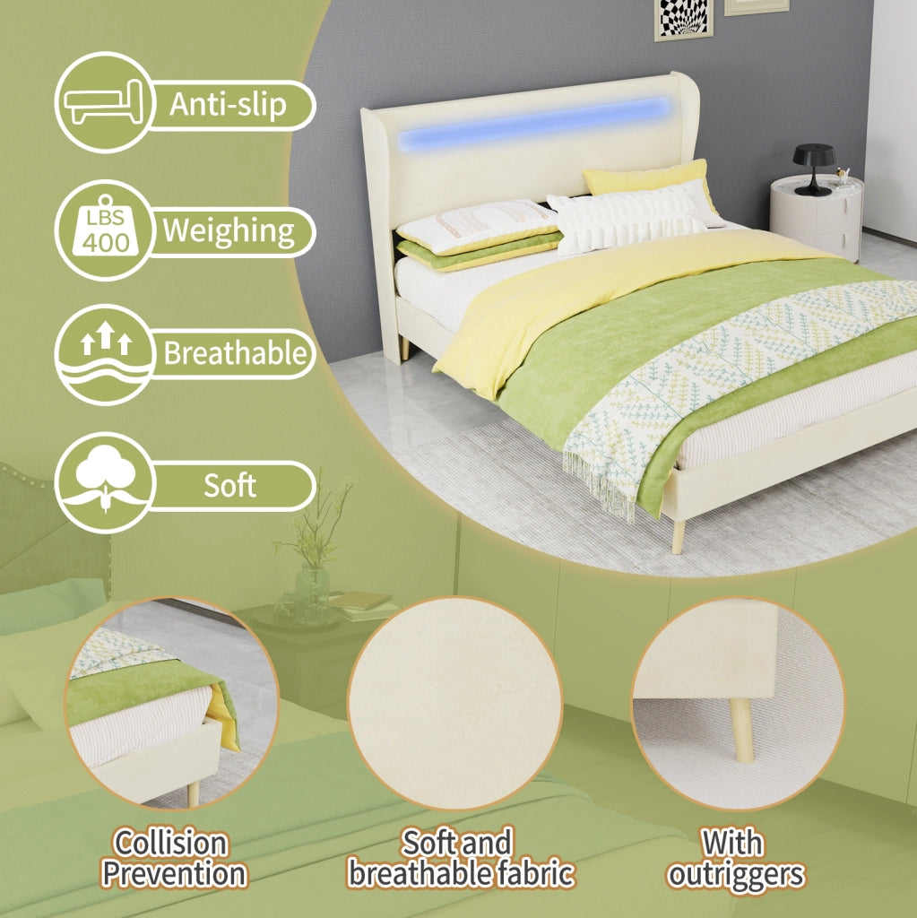 Letto imbottito con testiera regolabile e LED multicolore; 140 x 200 cm; beige