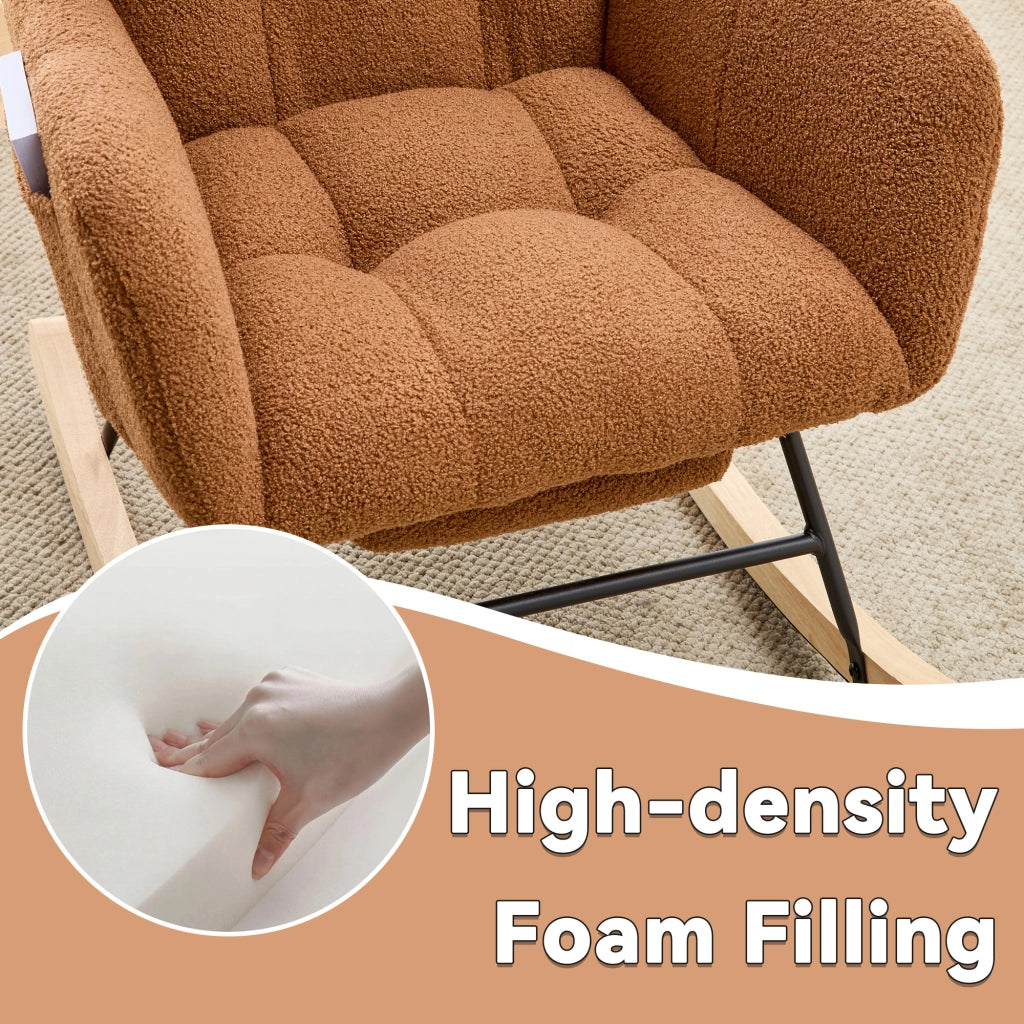 Poltrona a dondolo in tessuto teddy con schienale ergonomico e pouf, base in legno massello marrone