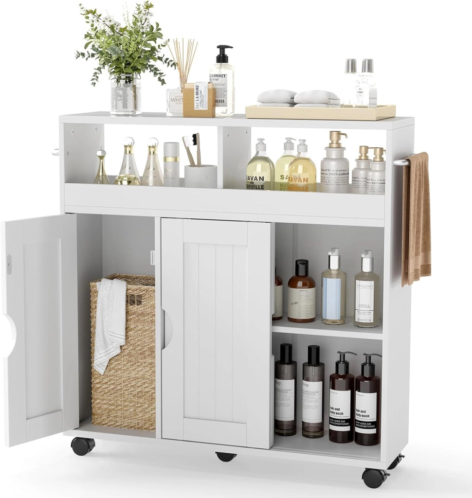 Mobile Bagno con Ruote, Mobiletto Laterale con Ripiano Regolabile, Porta Asciugamani e Ruote, Mobile Indipendente a Terra per Soggiorno, Cucina e Ingresso, 75 x 20 x 72 cm