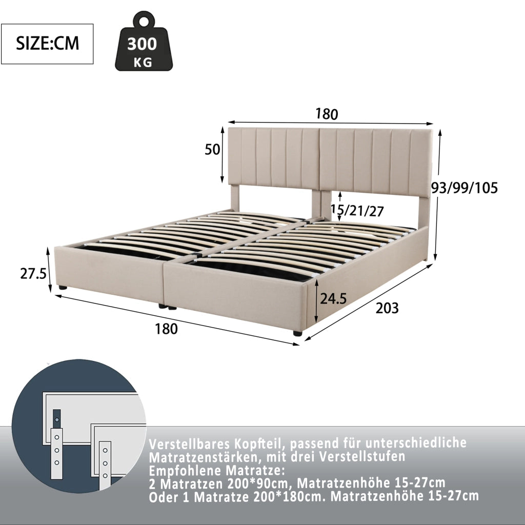 OKWISH Letto Contenitore 180×200 cm, Letto Matrimoniale con Contenitore Idraulico, Testiera Regolabile e Convertibile, senza Materasso, Beige