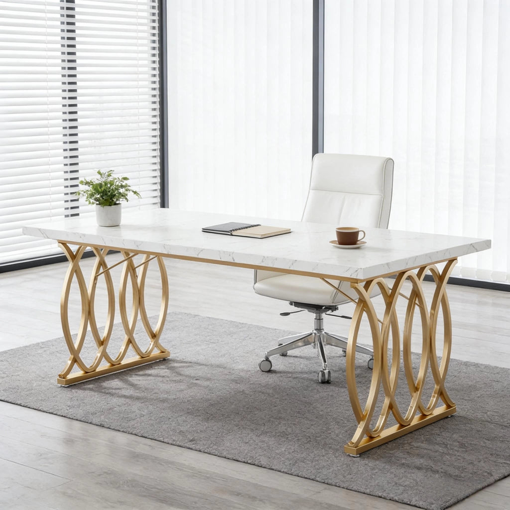 Scrivania lineare con piano effetto marmo e struttura in metallo per ufficio e sala riunioni oro e bianco 160 × 80 cm
