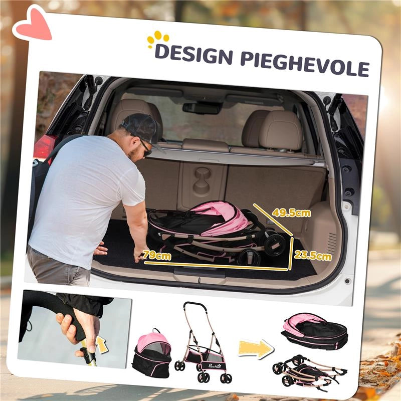 PASSEGGINO PER CANI 2 IN 1 PIEGHEVOLE E CONVERTIBILE IN TRASPORTINO CON 2 GUINZAGLI E CUSCINO, ROSA