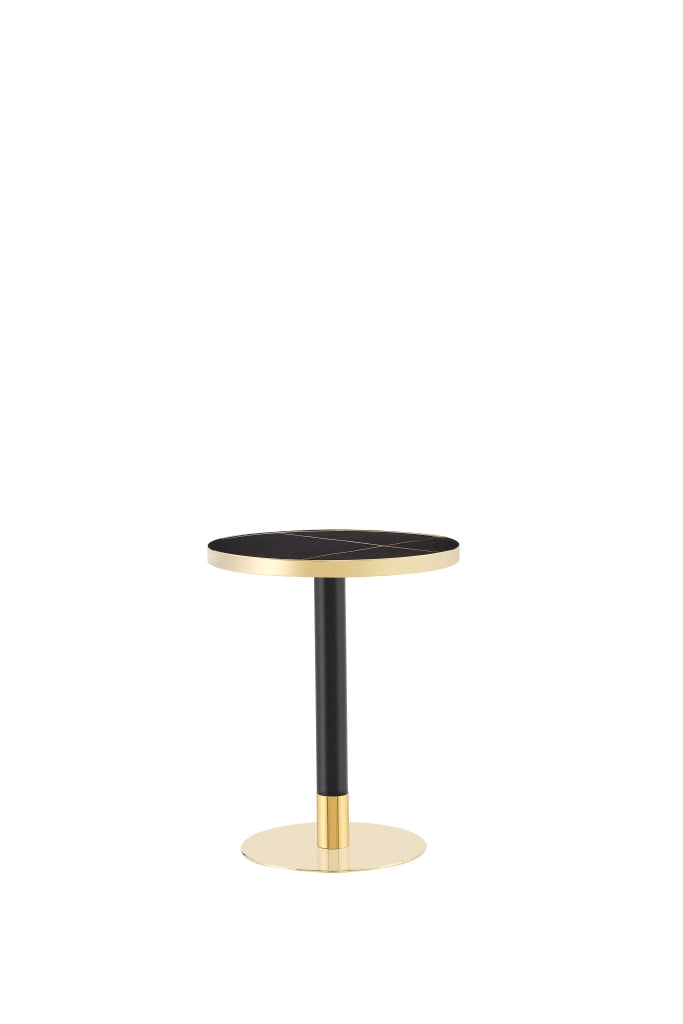 Consolle rotonda in MDF e metallo con piano effetto marmo e bordo dorato, per soggiorno e camera da letto, nero, Ø 60 cm × 73,7 cm