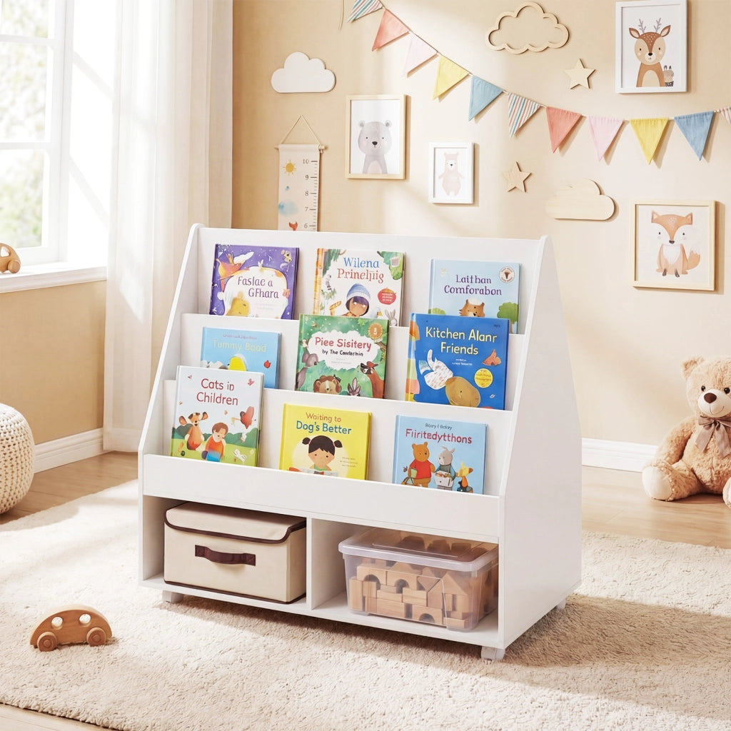 Libreria montessori con lavagna per bambini, Scaffale portagiochi con ruote con ripiani e scomparti in Bianco