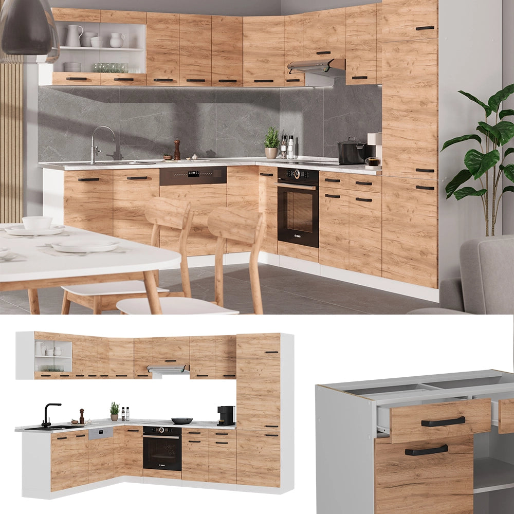 Cucina angolare completa R-Line Rovere dorato/Bianco 287 x 227 cm PL Antracite Vicco