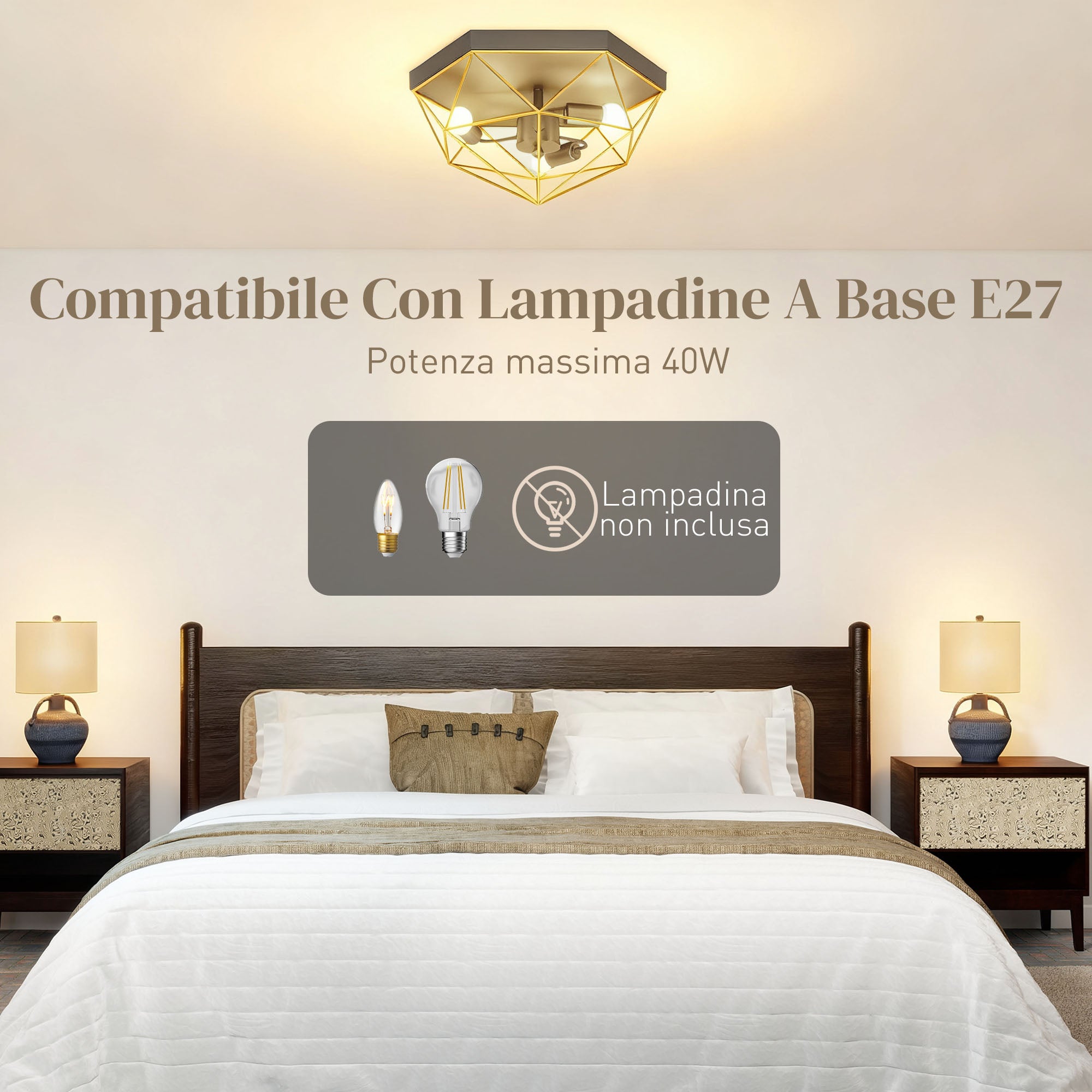 Lampadario Stile Industriale Geometrica con 3 Attacchi E27 per Lampadine LED in Metallo Nero e Oro
