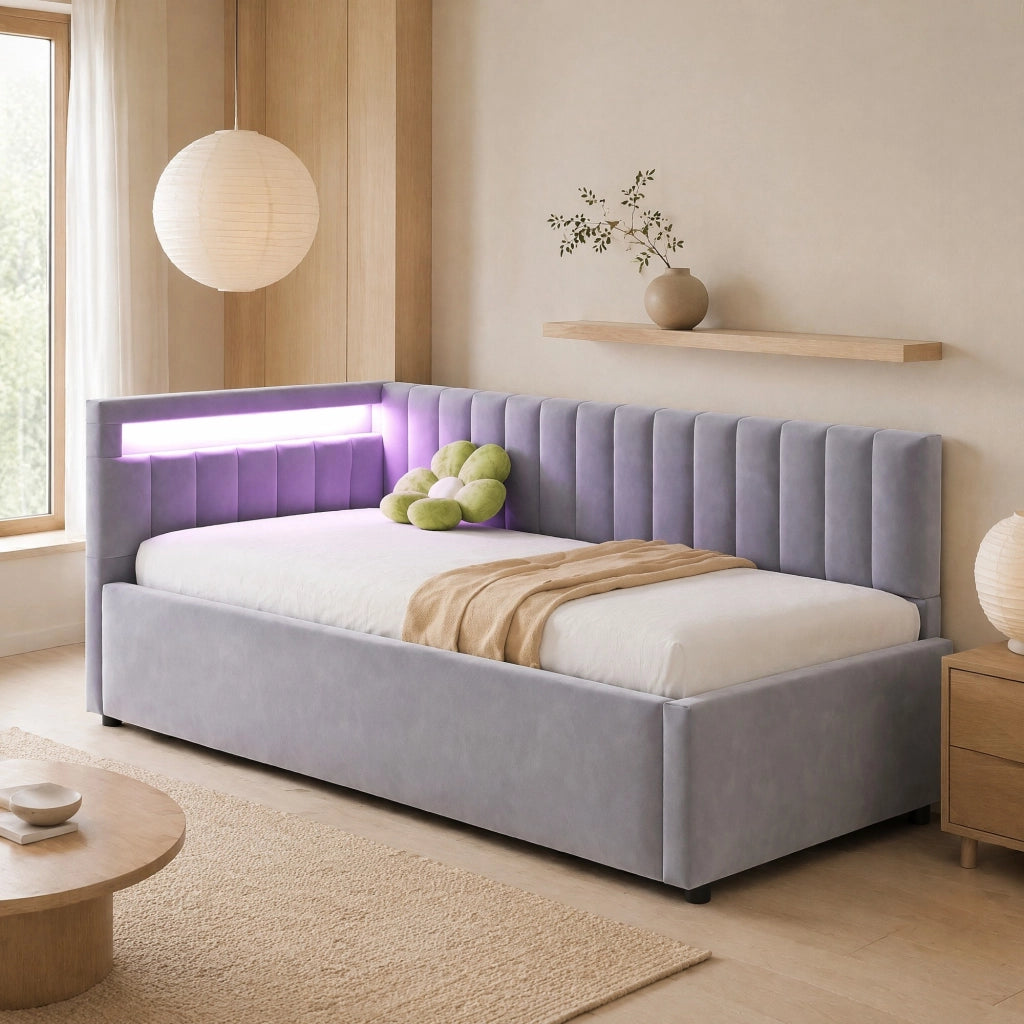 Letto imbottito 90x200 cm con LED, contenitore idraulico, tessuto effetto velluto, grigio chiaro