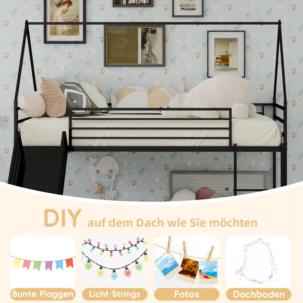 Letto a castello per bambini 90 × 190 cm con scivolo e scale, senza materasso, in ferro, nero