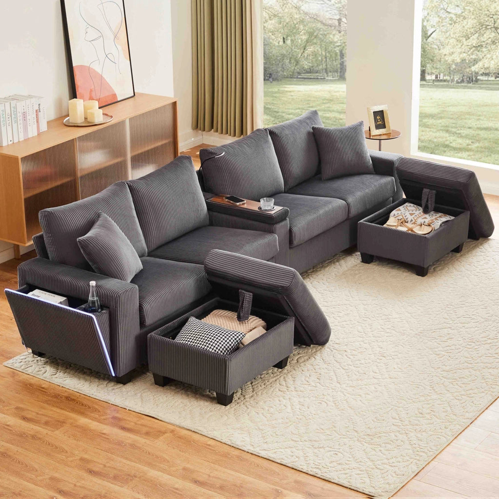 Divano a U ULEVR 334x128,5x81 cm in velluto a coste grigio con 2 pouf contenitore, LED, USB e Type-C