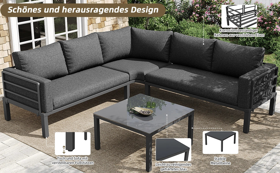 Set mobili giardino 4-5 persone: 1 tavolino vetro; ferro zincato; cuscini seduta; piedini regolabili