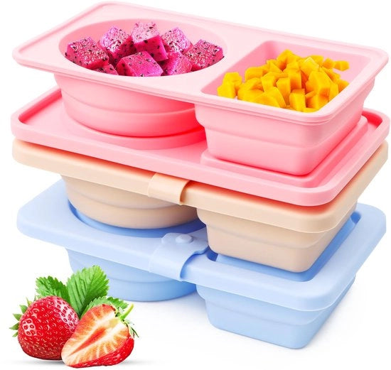 Contenitori di snack in silicone 3-pack con 2 compartimenti, con coperchi, contenitori alimentari riutilizzabili per insalate, scuola, picnic e campeggio