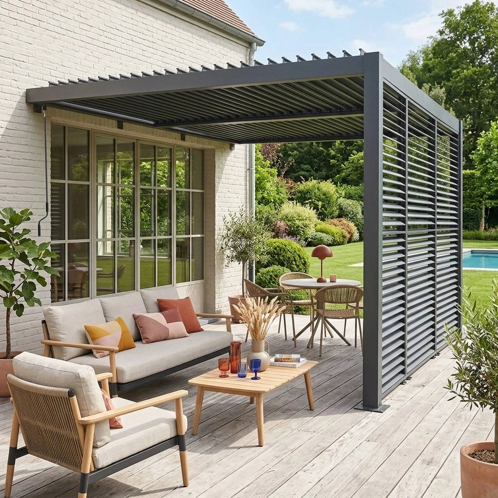 Pergola bioclimatica in alluminio addossata 4x3m + 3 persiane 130cm