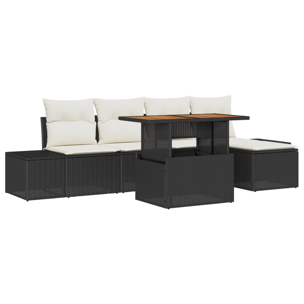Set da Giardino con 6 Pezzi e Cuscini Nero Polyrattan