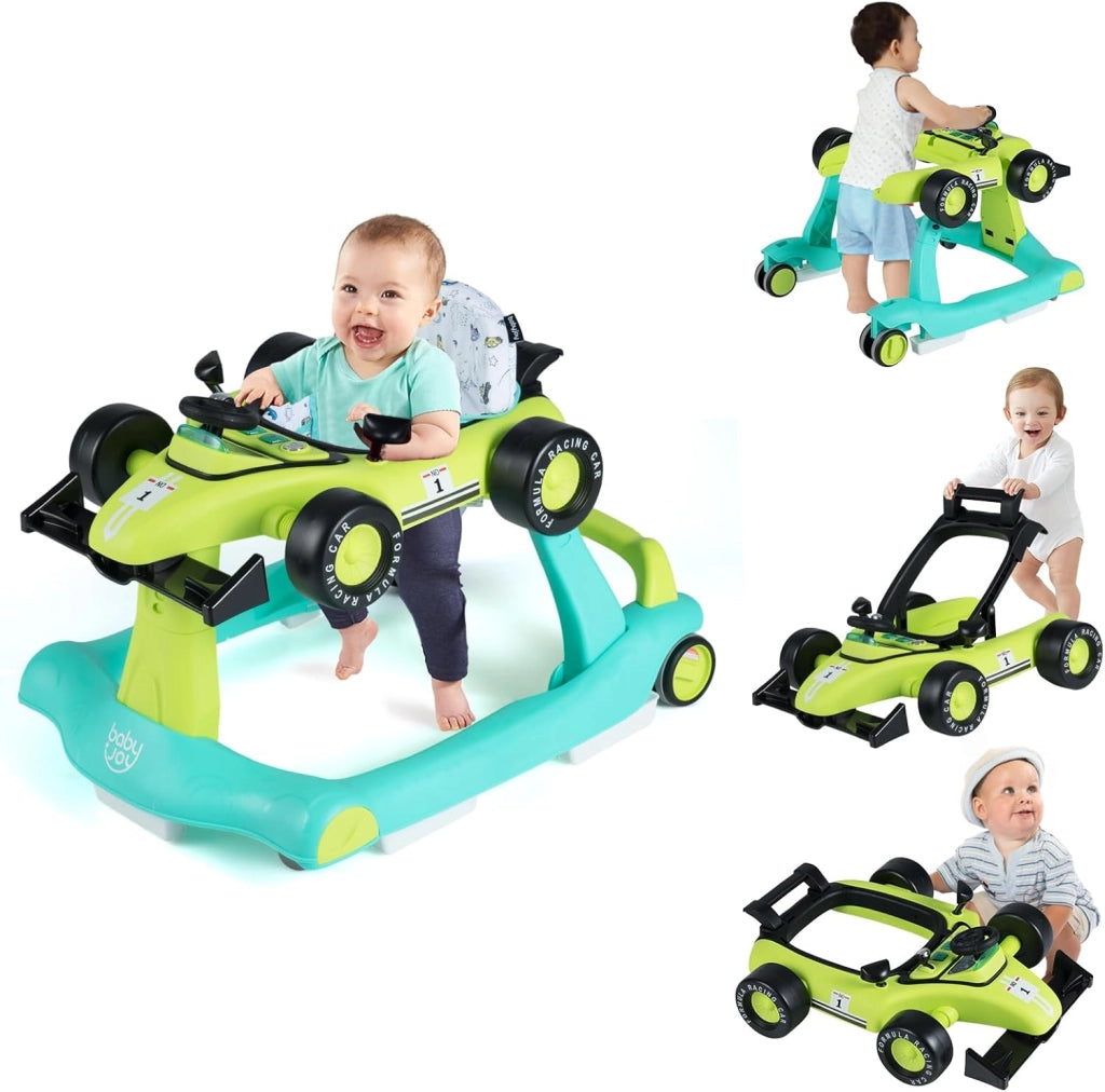 Girello per Bambini 4 in 1, Girello Pieghevole con Altezza e Velocità Regolabili, Carillon con Luci, Volante, Primi Passi per Bambini 6-18 Mesi, Portata 12 kg (Verde)