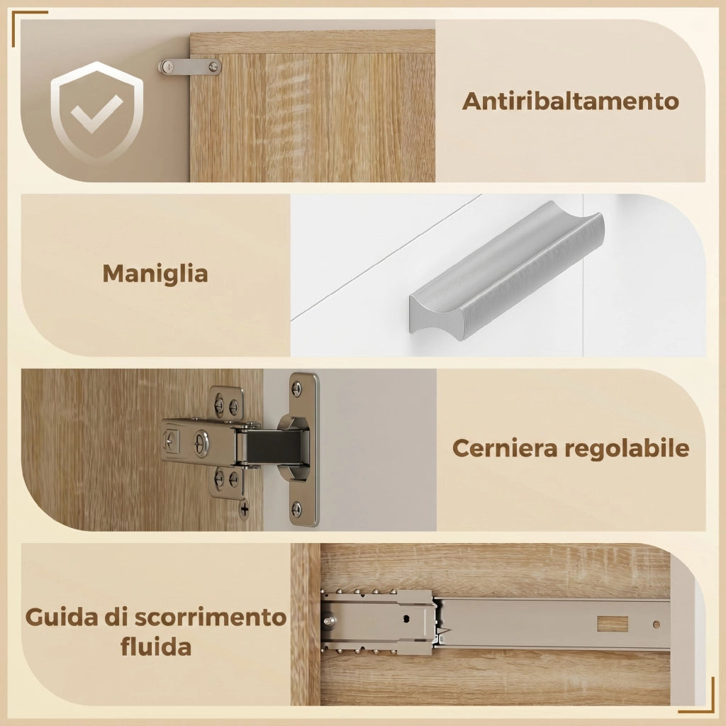 Credenza da Cucina 120x40x175 cm con Ripiani Aperti 4 Armadietti e Cassetto in Legno e Metallo Bianco e Legno