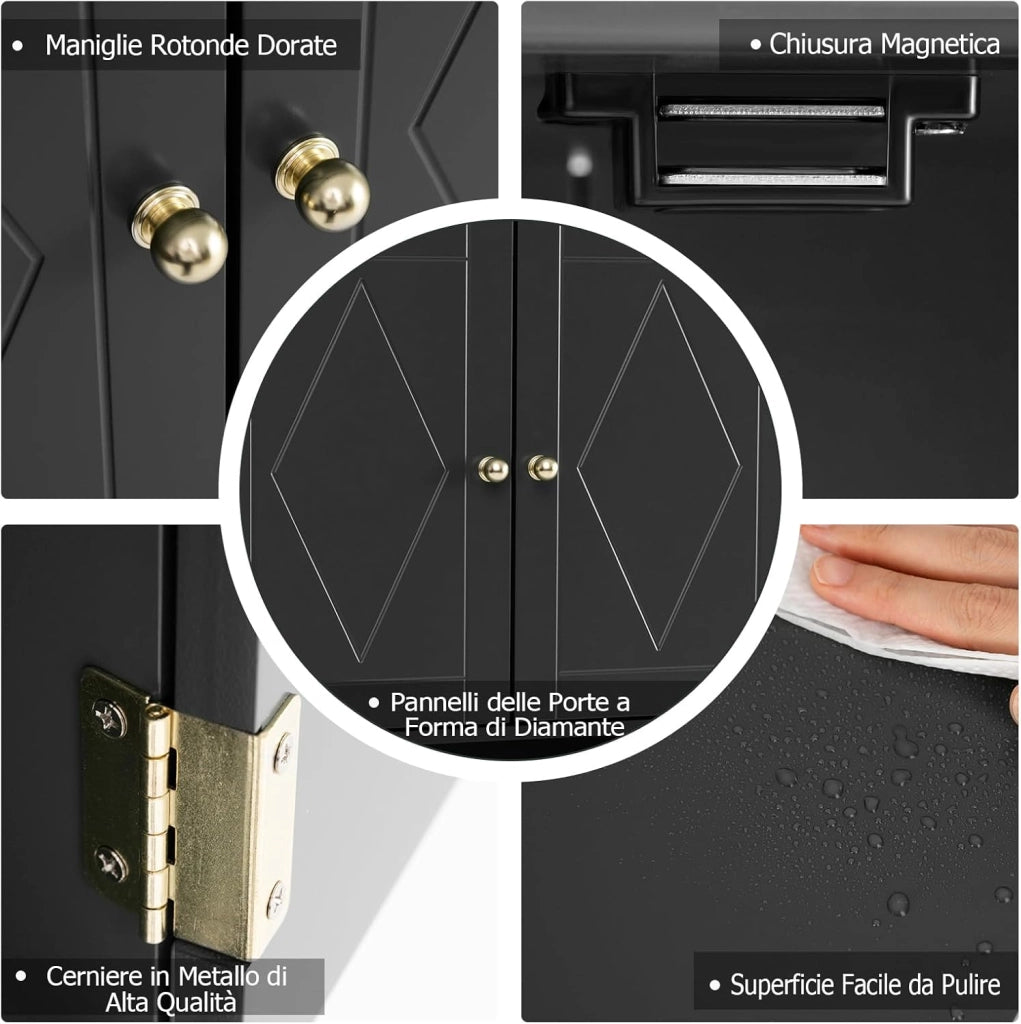 Mobile da Bagno da Parete, Mobiletto Salvaspazio a Muro a 2 Ante con Ripiano Aperto e Ripiano Regolabile, Armadietto per Cucina, Soggiorno e Ingresso, 60 x 21 x 75 cm (Nero)