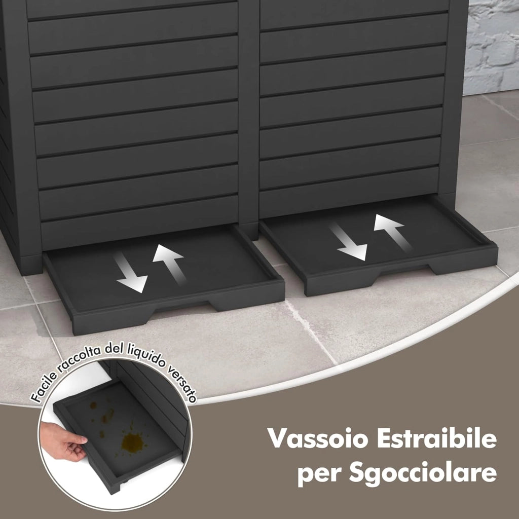 Pattumiera per Rifiuti Esterno e Interno 235 L, Contenitore per Raccolta Differenziata a Doppio Secchio Impermeabile con Coperchio, Vassoio e Maniglia, Bidone per Terrazza e Cucina (Nero)